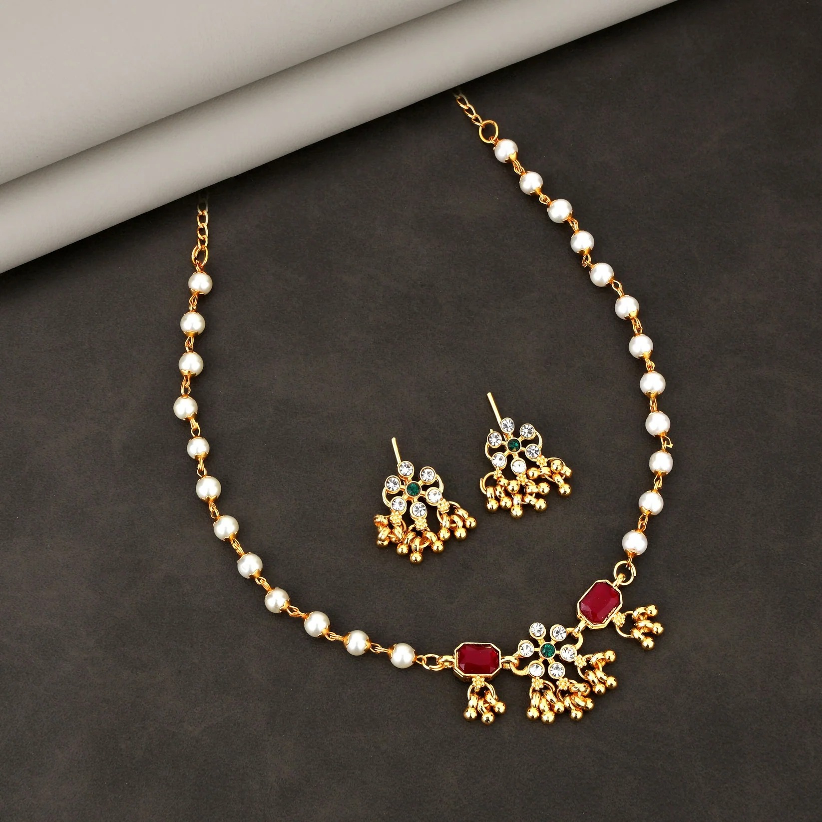 Meenakari Necklace – Gold-Plated Rose Double Pendant with Tassels
