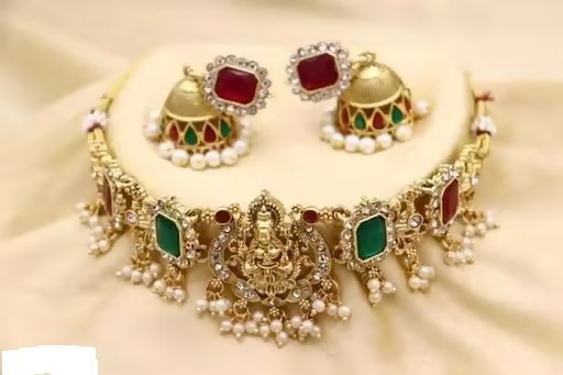 Lakshmi Temple Choker Set – Traditional Gold-Plated Jewelry with Jhumkas
