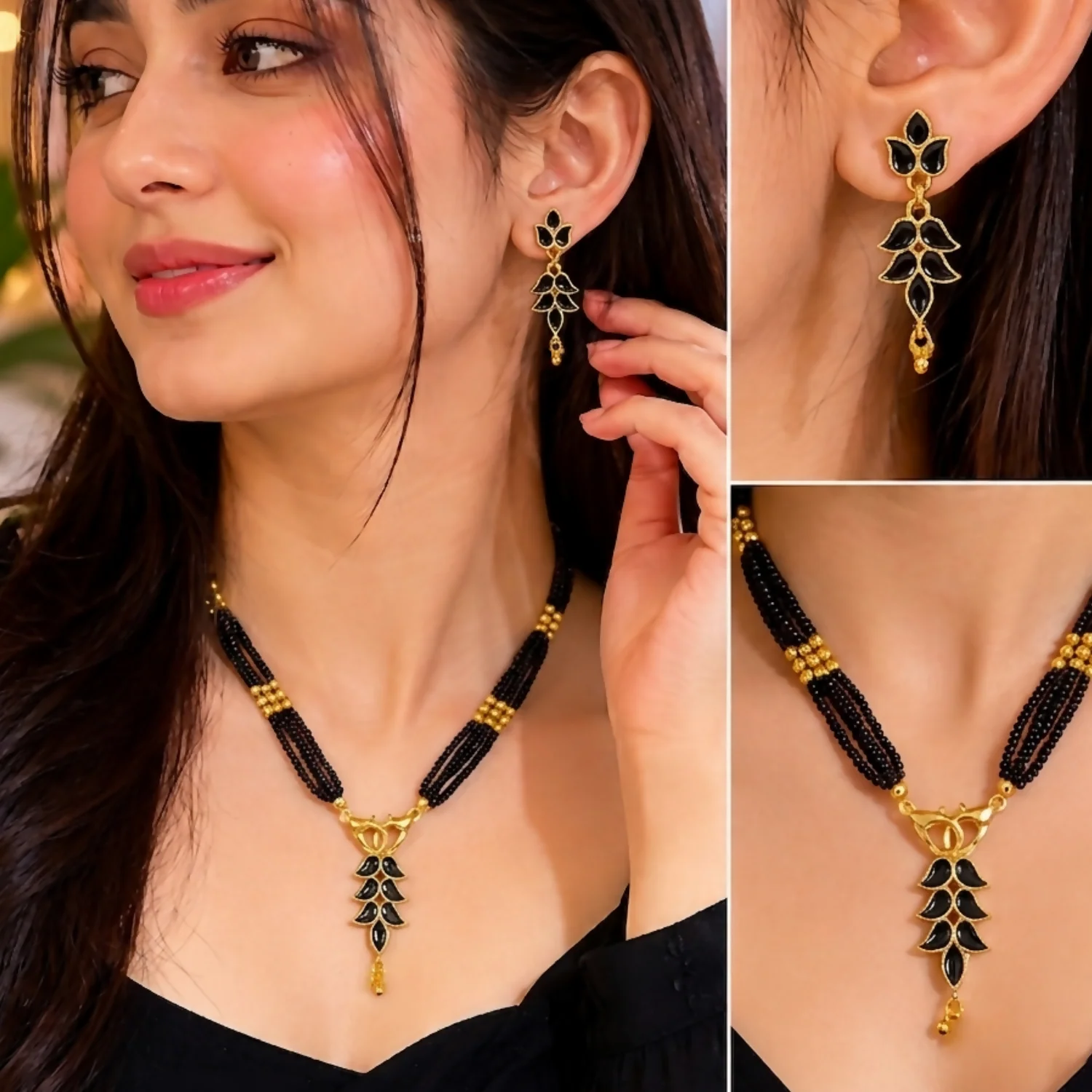 Black Beaded Necklace with Matching Drop Earrings Jewellery Set for Women & Girls