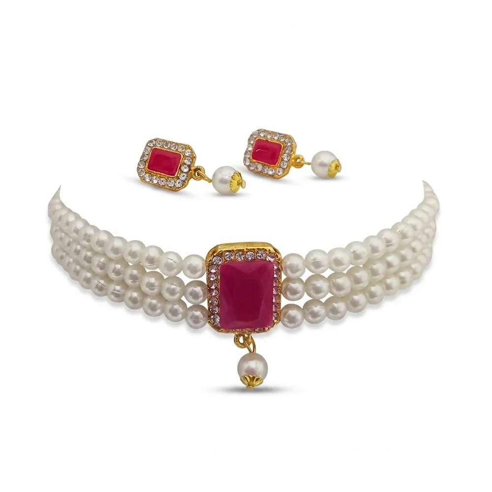 Graceful Pink Pearl Choker Necklace Set with Crystal Accents for Women Party Wear