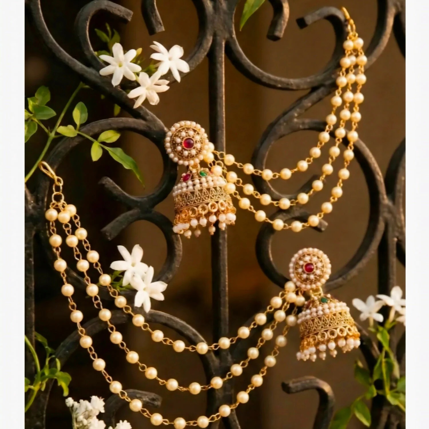 Traditional Gold-Plated Kundan & Pearl Chain Jhumka Earrings