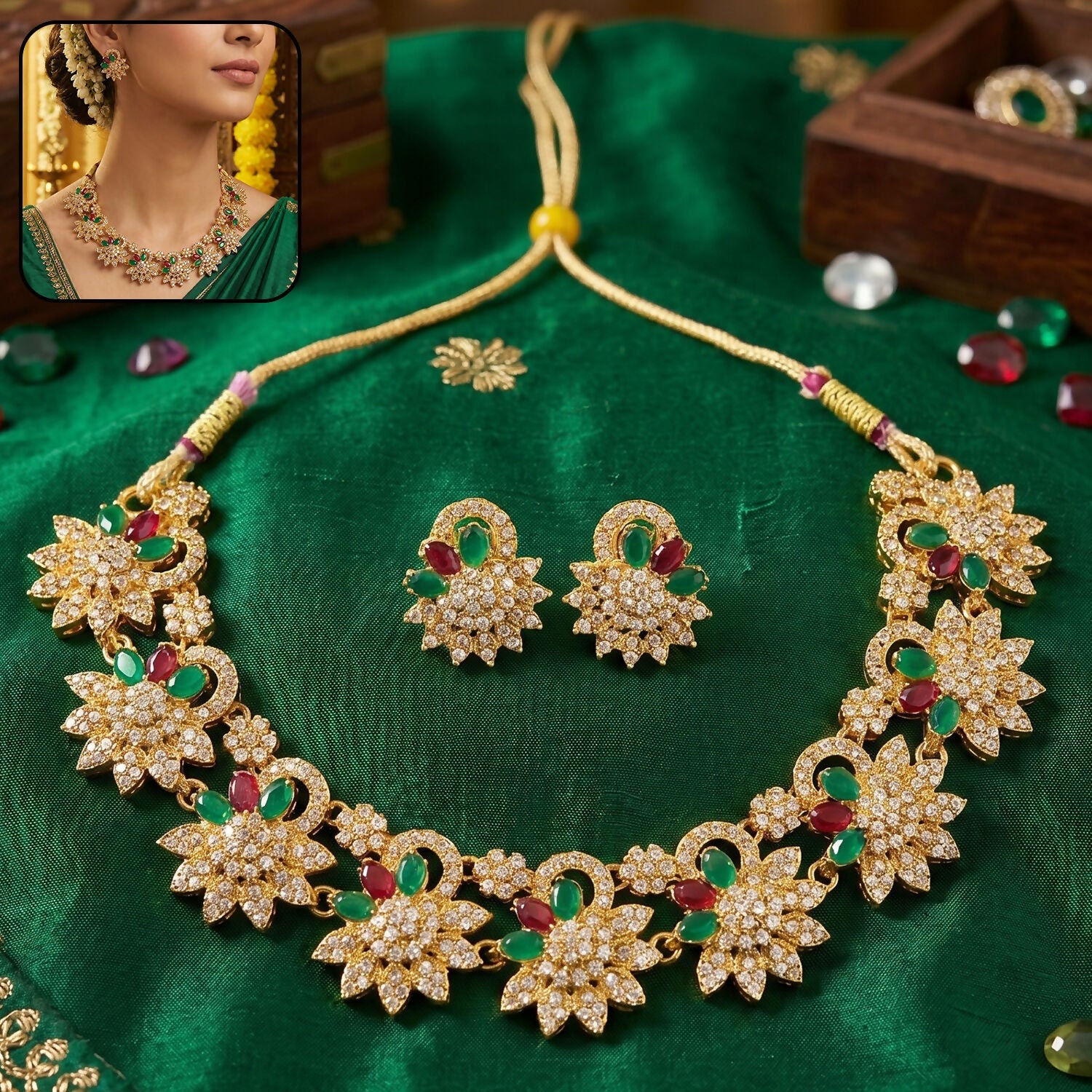 Gold Plated Necklace & Earrings Set – Traditional Elegance with Vibrant Stones