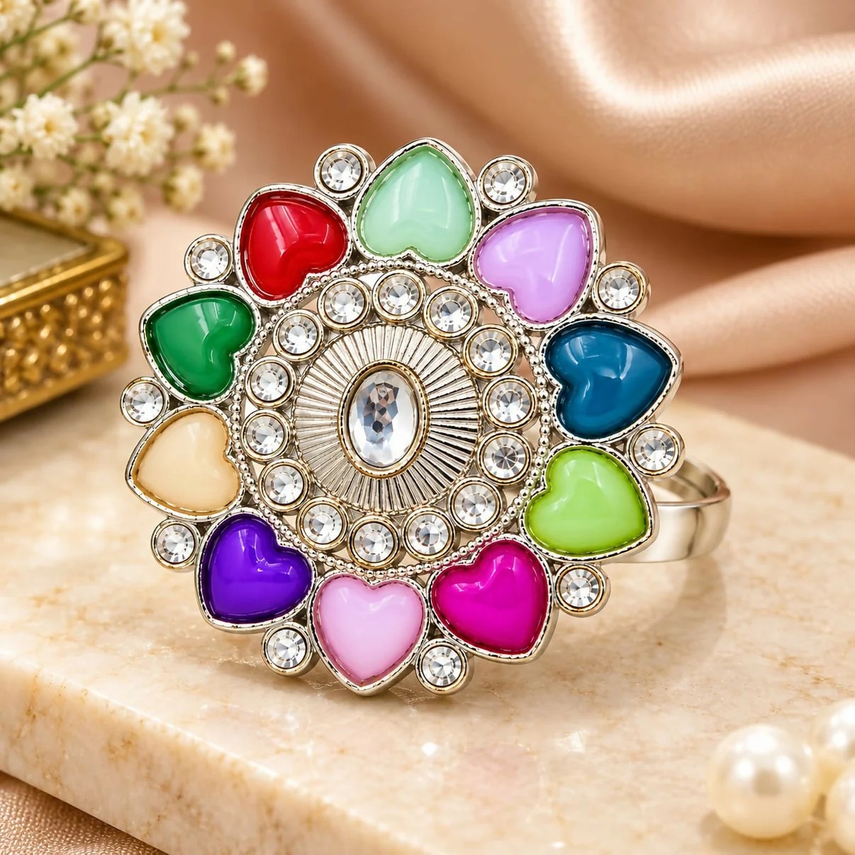 Silver-Toned Multicolor Enamel Heart Floral Statement Ring for Women